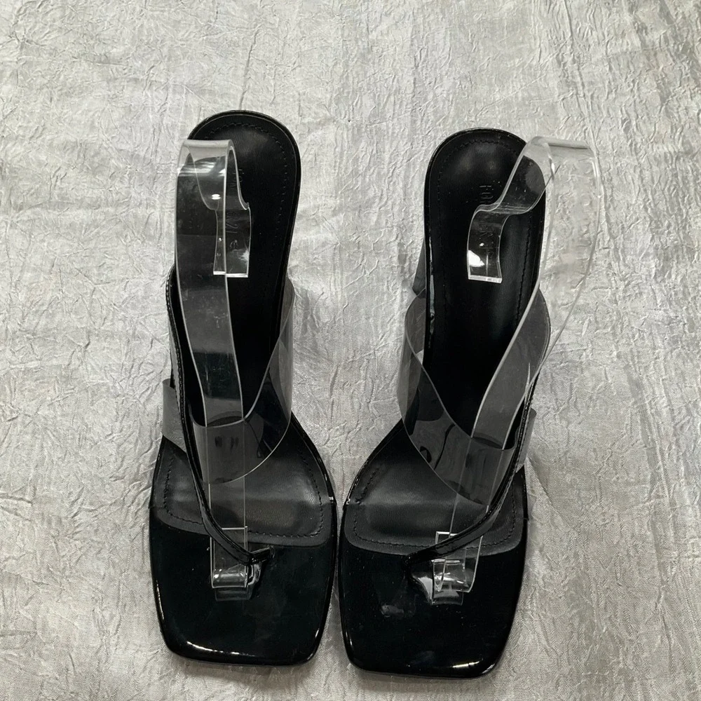 Forever 21 Black Patent Clear Strap Square Toe Thong Heel Mule Sandals Sz 10 Y2K